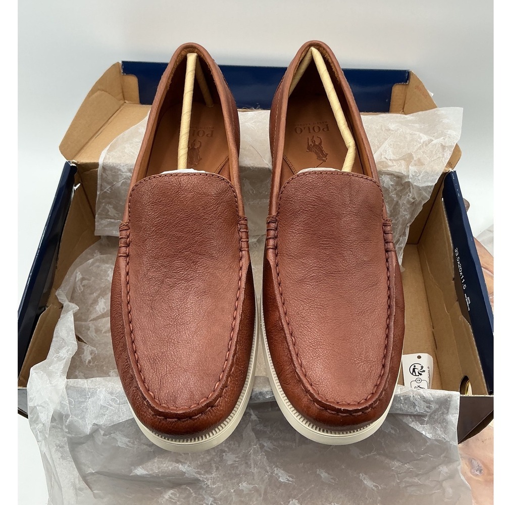 Polo Ralph Lauren Mens Pebbled Leather Loafers Tan Brown Moc Toe Slip On Shoes